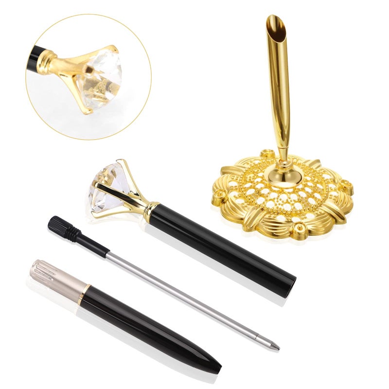RUTICH Hollow Round Pen Holder Signing Pen Set with Big Diamond Crystal Pen for Wedding Bridal Opening Ceremony Graduation Office, Golden Holder with Black Pen(Black Ink) - Image 2